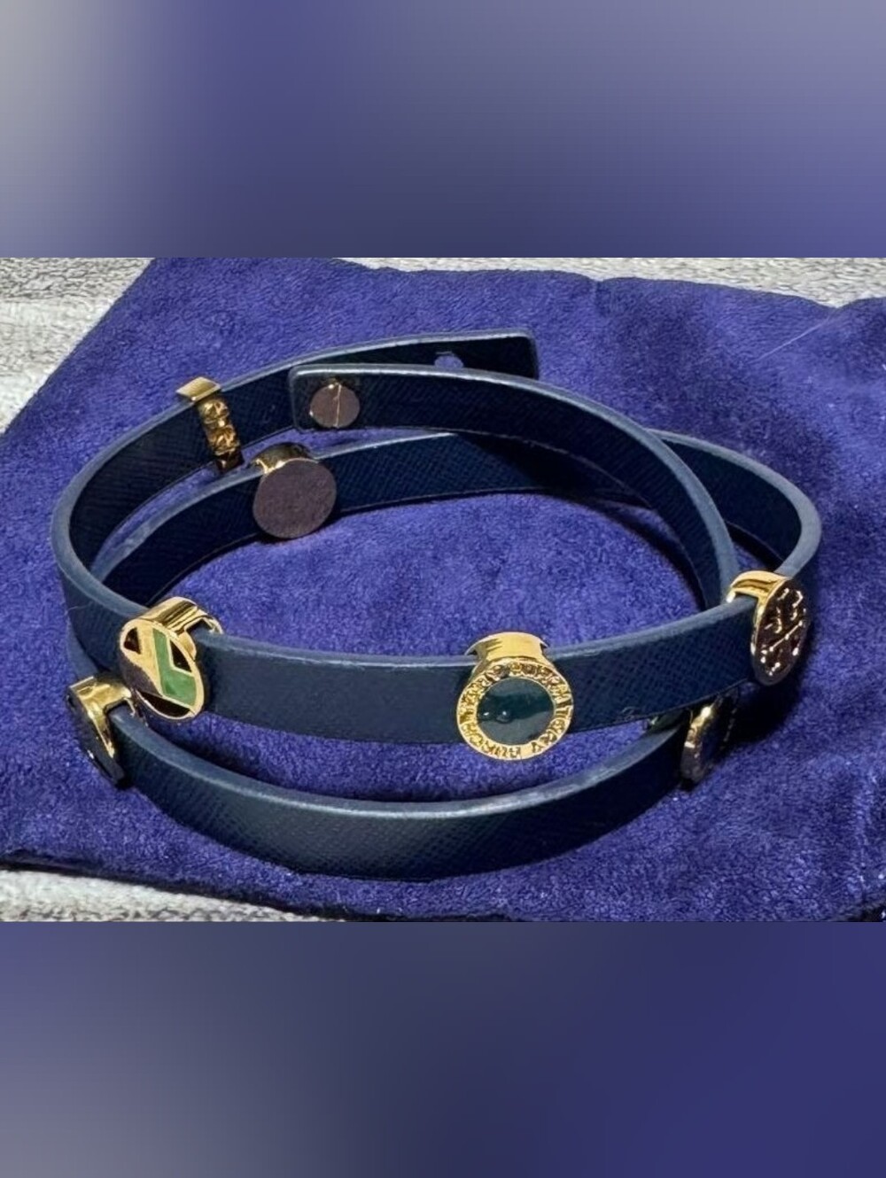 Tory Burch Navy Triple-Wrap Leather Bracelet with Gold Accents